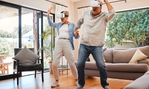 Vr dance, 3d and senior couple with games for creative, futuristic and comic happiness in the livin.